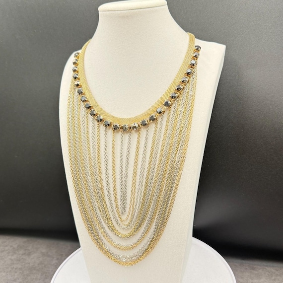 Gold & Silver Multi-Layer Statement Necklace w/ C… - image 1