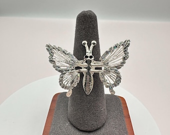 Vintage 90er Jahre Silber Ton Schmetterling Ring schillernde Kristall Schmuck