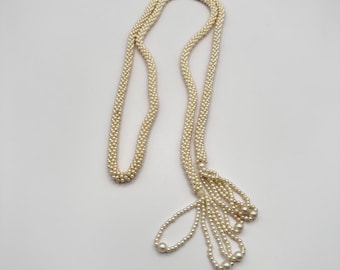 Vintage 90s Faux Pearl Lariat Necklace Woven Seed Beaded Women's Classic Jewelry