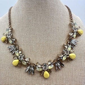 Vintage 80s Bohemian Yellow Gemstone Statement Bib Necklace Gold Tone Jewelry