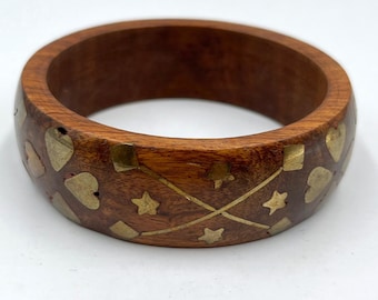 Vintage Hand-Carved Wooden Bangle with Brass Inlay Hearts, Stars