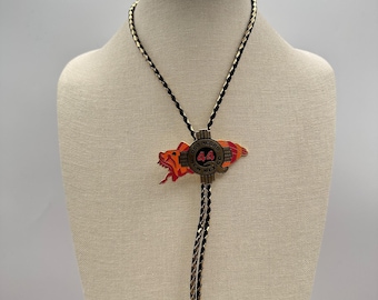 Vintage Y2K Oso Negro New Mexico 44 Zia Sun Bolo Tie Gold Tone Black Leather