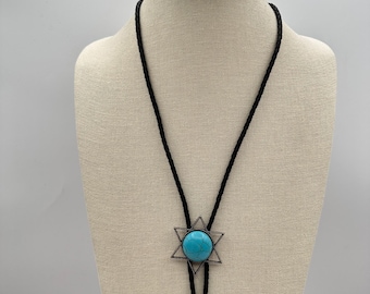 Vintage 90s Bolo Tie Turquoise Faux Stone Star of David Black Braided Leather