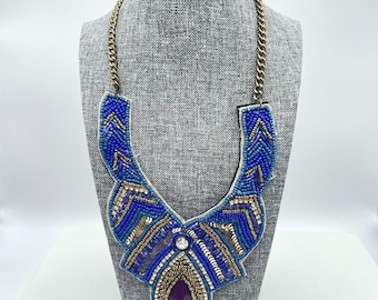 Vintage Y2K Gold Tone Purple Resin Rhinestone Blue Beaded Bib Necklace Jewelry