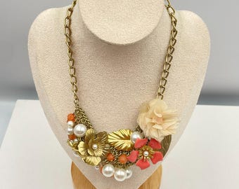 Vintage 90s Robert Rose Floral Bib Necklace Gold Tone Glass Pearl Coral Pink