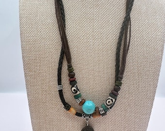 Vintage 90s Boho Double Strand Braided Leather Turquoise Coin Pendant Jewelry