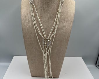 Vintage White Seed Bead Multi Strand Lariat Necklace Crystal Accents Bridal Boho