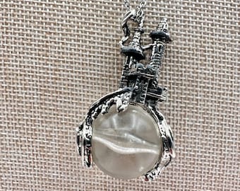 Vintage 80s Silver Tone Fantasy Castle Crystal Ball Orb Pendant Wizard Jewelry