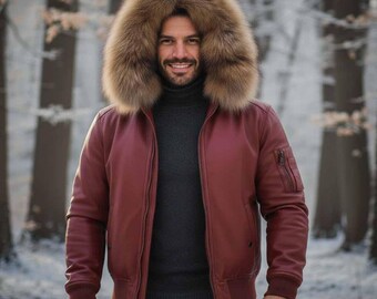 Herren Leder Bomberjacke mit Echt Fuchs Pelz Kapuze , Bikerjacken herre , Lederjacken Pilot
