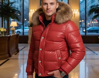 Men's Puffer Leather Jacket with Real Fox Fur Hood ,  lederjacken , Foxfell pufferjacken
