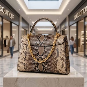 Czarna skórzana torebka z uchwytem u góry, wykonana ze skóry pytona: Prawdziwe torebki damskie na ramię