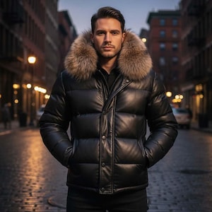 Puede incluir: Chaqueta acolchada de cuero negro con cuello de piel. La chaqueta tiene una parte delantera abotonada y un diseño acolchado. La persona está de pie en una calle de la ciudad.