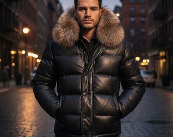 Men's Puffer Leather Jacket  with Genuine Sheep Leather and Fox Fur Hood , Pufferjacken Herren