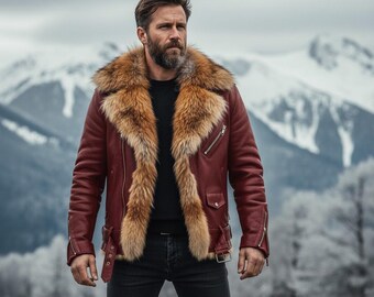 Veste homme en cuir d'agneau, col en fausse fourrure, garniture amovible