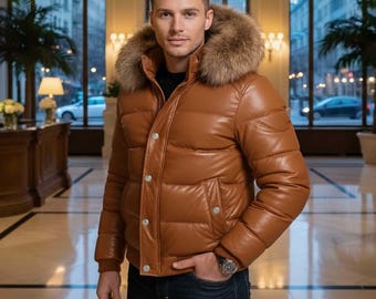 Handmade Lambskin Leather Puffer Jacket for men , Fox Fur Removable Hood S-3XL