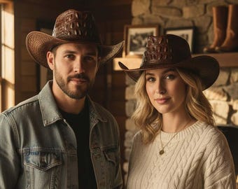 Handmade Brown Crocodile-Embossed Leather Cowboy Hat , Hats damen und herren