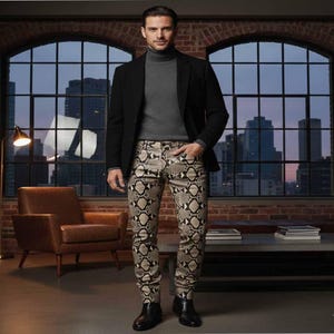 May include: A black blazer and black boots are paired with snake-print pants and a gray turtleneck sweater. The outfit is completed with a leather chair and a city skyline visible through a large window.