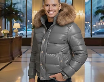 Men's Puffer Leather Jacket with Real Fox Fur Hood ,  lederjacken herren