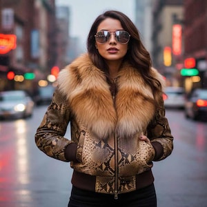 Puede incluir: Chaqueta con estampado de piel de serpiente marrón y beige con un gran cuello de piel. La chaqueta tiene cierre de cremallera y puños y dobladillo de canalé marrón. La persona lleva gafas de sol de aviador.