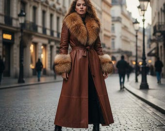 Genuine Sheepskin Leather Coat with Real Fox Fur Cuffs and Collar