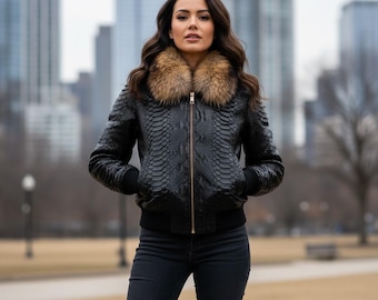 Handgefertigte Schlangenleder Bikerjacke, Pelzkragen