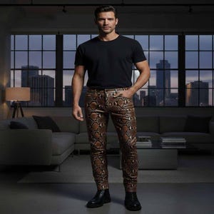 May include: A person wearing a black crew neck t-shirt and brown snake print trousers. The trousers have a brown and tan pattern. The person is wearing black boots. The background includes a sofa, a lamp, and a window with a city view.
