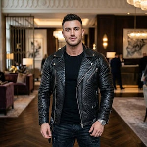 Chaqueta de cuero de serpiente negra para hombre estilo motero – Prenda de abrigo elegante con cremallera Lederjacken Herren