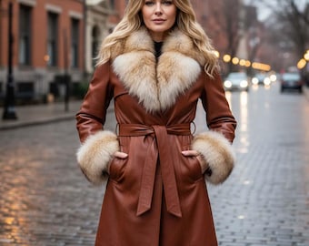 Women’s Leather Coat with Genuine Fox Fur Collar– Long Winter Overcoat, ledermantel damen