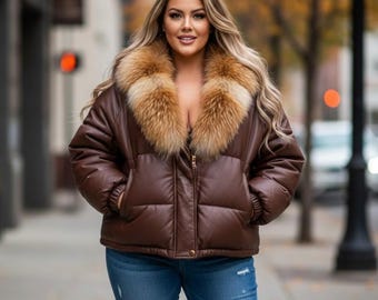 Women's Brown Leather Puffer Jacket Faux Fur Trimmed Bubble Coat