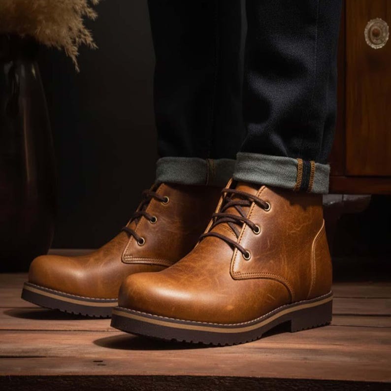 May include: Brown leather boots with laces. The boots have a textured appearance and a dark brown sole. The person is wearing dark blue jeans with the cuffs rolled up, revealing a lighter denim interior. The boots are on a wooden surface.