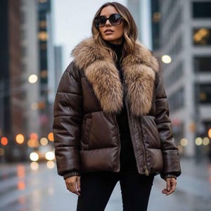 Puede incluir: Chaqueta acolchada marrón con cuello de piel. La chaqueta tiene un diseño acolchado y cierre de cremallera. La persona lleva pantalones negros y gafas de sol.