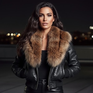 Puede incluir: Chaqueta de cuero negra con estampado de piel de serpiente y cuello de piel marrón. La chaqueta tiene un estilo bomber con puños y cintura acanalados. La modelo lleva un top negro y pantalones de cuero negros.