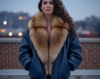 May include: A navy blue leather bomber jacket with a large, light brown fur collar. The jacket has a zipper closure and ribbed cuffs and hem. The background is a blurred cityscape.