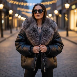 Puede incluir: Chaqueta acolchada de cuero negro con un gran cuello de piel. La chaqueta tiene cierre de cremallera y se usa con pantalones negros. La persona lleva gafas de sol y un collar plateado. El fondo es una calle de la ciudad con luces borrosas.