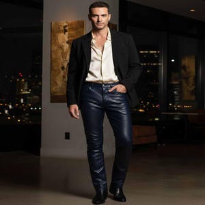 May include: A black blazer over a cream-colored silk shirt and navy blue leather pants. The outfit is completed with black shoes. The background features a cityscape at night and a piece of art.