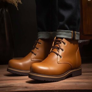 May include: A pair of brown leather boots with dark brown laces and a thick sole. The boots are a light brown color and are worn with dark blue jeans.
