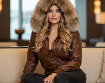 Women's Genuine Leather Jacket, faux Fur Hood , Lederjacken damen bomber S-XXXL