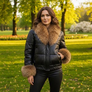 Può includere: Giacca in pelle nera con collo e polsini in pelliccia marrone. La giacca ha un design trapuntato e una chiusura con cerniera. La modella indossa pantaloni neri. Lo sfondo è un parco con erba verde e alberi.