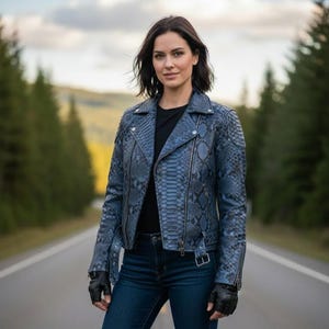 Könnte beinhalten: Blaue Lederjacke mit Schlangenmuster im klassischen Biker-Stil. Die Jacke hat einen Reverskragen, Reißverschlusstaschen und einen Gürtel in der Taille. Das Model trägt ein schwarzes Oberteil und dunkelblaue Jeans.