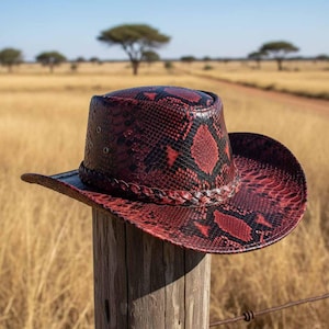 Może przedstawiać: Czerwono-czarny kapelusz kowbojski ze wzorem skóry węża i plecioną opaską. Kapelusz jest wykonany ze skóry i ma szerokie rondo. Spoczywa na drewnianym słupie na polu.