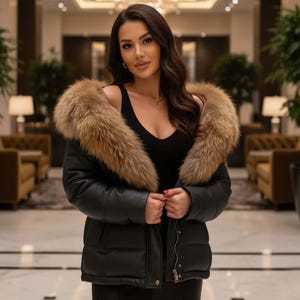 Puede incluir: Una chaqueta acolchada negra con capucha ribeteada de piel. La chaqueta tiene cierre de cremallera y diseño acolchado. El ribete de piel es de color marrón claro. La persona lleva un top negro.