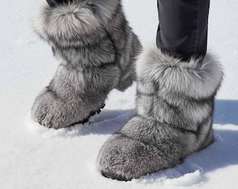 Grey Faux fur boots for men's , Luxury Winter Shoe Faux fell pelz schuhe Herren