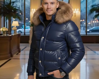 Men's Puffer Leather Jacket with Real Fox Fur Hood ,  lederjacken herren , Foxfell pufferjacken