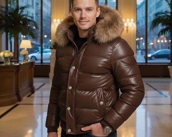 Puffer Leather Jacket with Real Fox Fur Hood ,  lederjacken herren , Foxfell pufferjacken