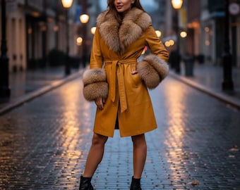 Women’s Leather Coat with Genuine Fox Fur Trim – Long Winter Overcoat