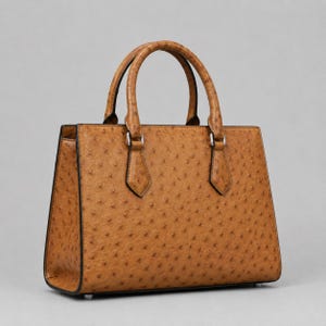 May include: A tan handbag with a textured ostrich-style pattern, featuring two rounded top handles, silver-toned hardware attachments, and a structured trapezoidal silhouette with dark edges, presented against a neutral gray background.