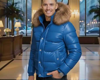Men's Puffer Leather Jacket with Real Fox Fur Hood ,  lederjacken , Foxfell pufferjacken