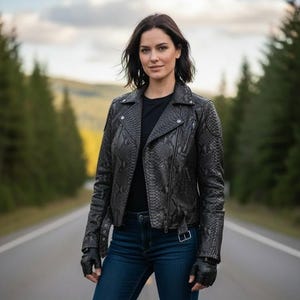 Może przedstawiać: Czarna skórzana kurtka z wzorem skóry węża w klasycznym stylu motocyklowym. Kurtka ma kołnierz z klapami, asymetryczny zamek błyskawiczny i wiele kieszeni. Modelka ma na sobie czarną koszulkę i niebieskie dżinsy.