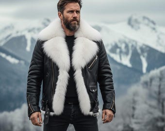 フォックスファーカラーのホワイトレザージャケット - メンズ