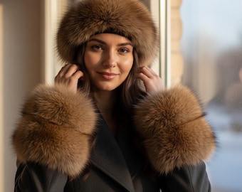 Brown Faux Fur Headband with Detachable Cuffs, Made in France
